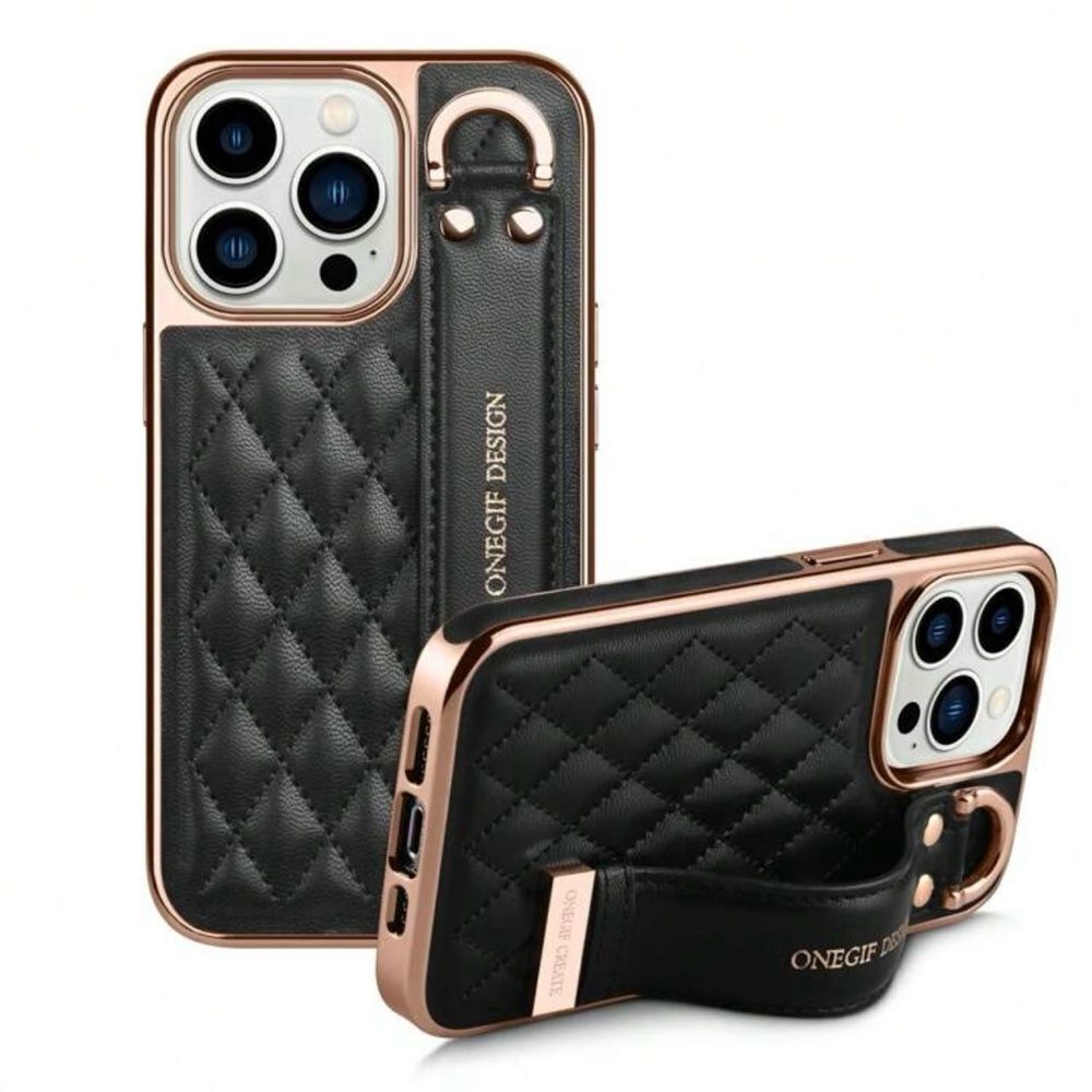 iPhone 16 Plus Case – Quilted Leather Look with Rose Gold Frame & Handle